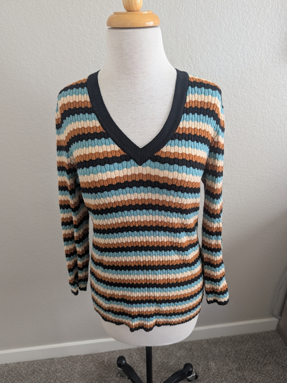 Liverpool Striped V-Neck Sweater in Teal, Brown & Black
